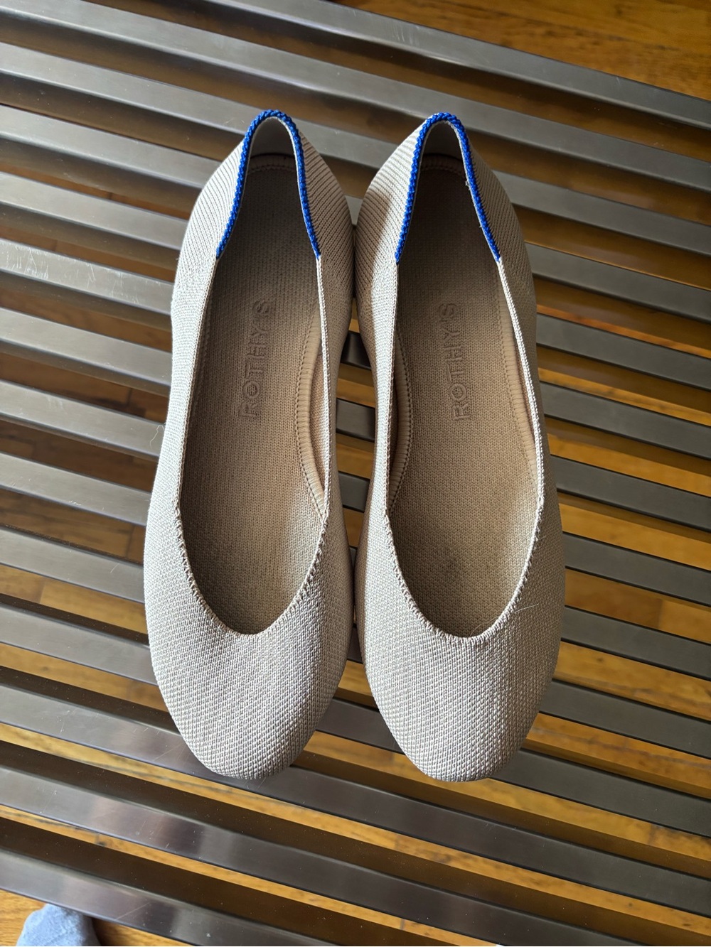 Rothy's Beige Knit Ballet Flats with Blue Heel Trim